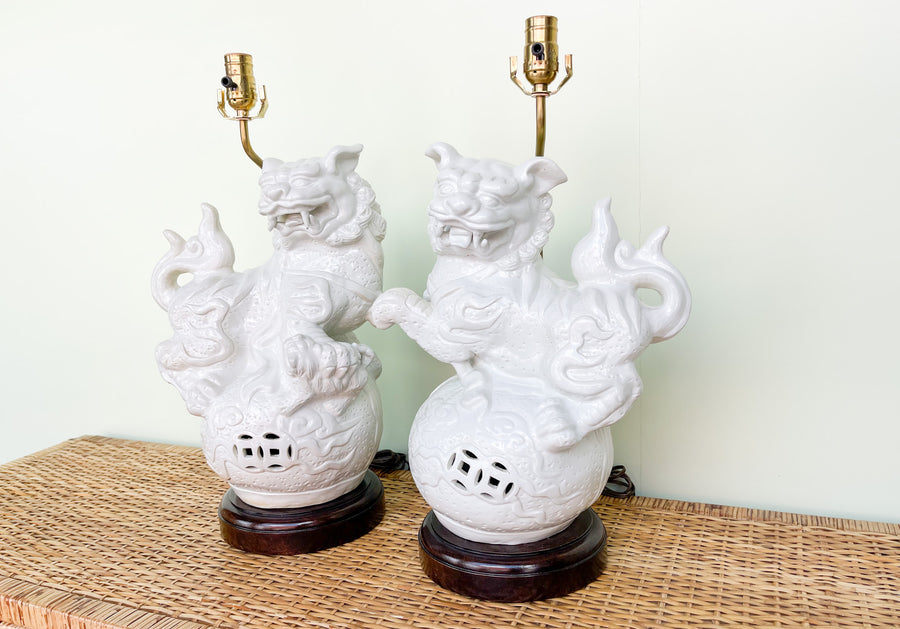 Pair of White Foo Dog Lamps