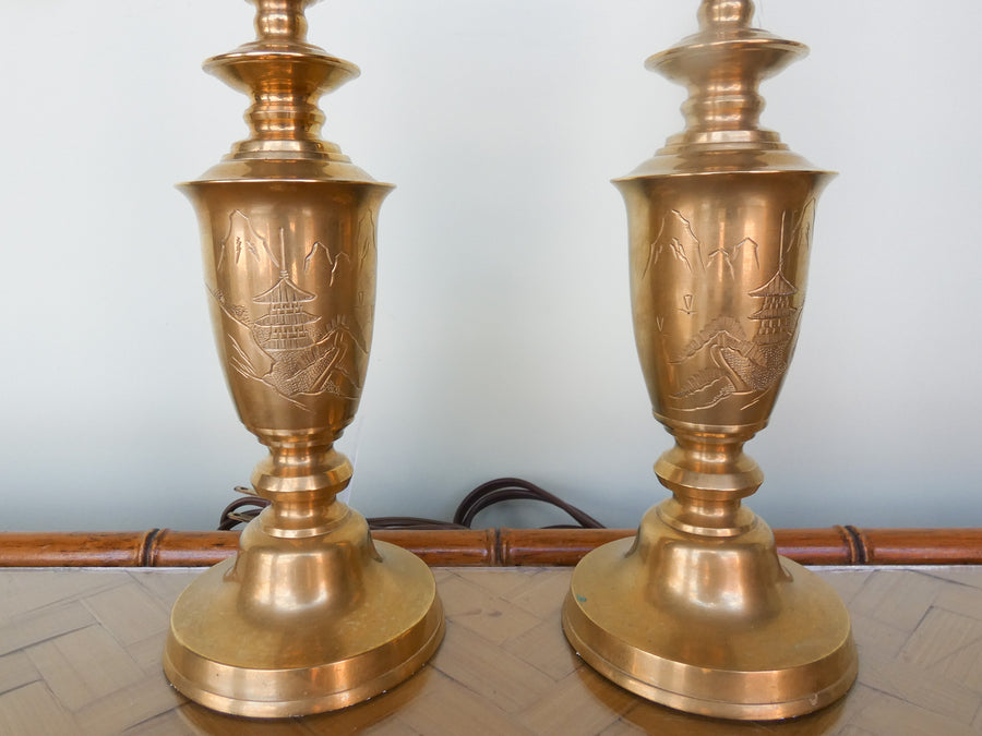 Pair of Petite Pagoda Brass Lamps