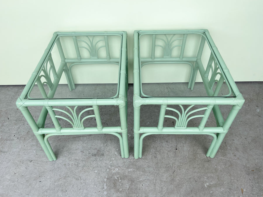 Pair of Sea Green Rattan End Tables