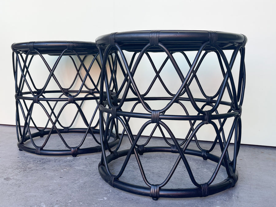 Pair of Black Rattan Drum Tables