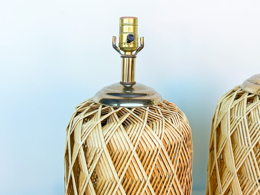 Pair of Coastal Woven Rattan Lamps