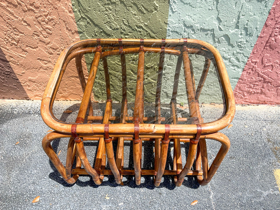 Pair of Rattan Lounge Chairs and End Table