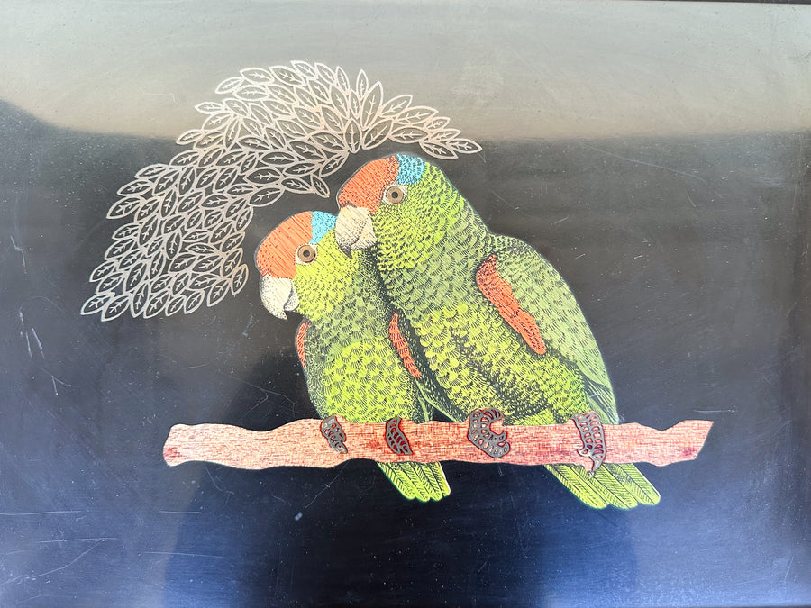 Couroc Tray with Wood and Brass Inlaid Macaws