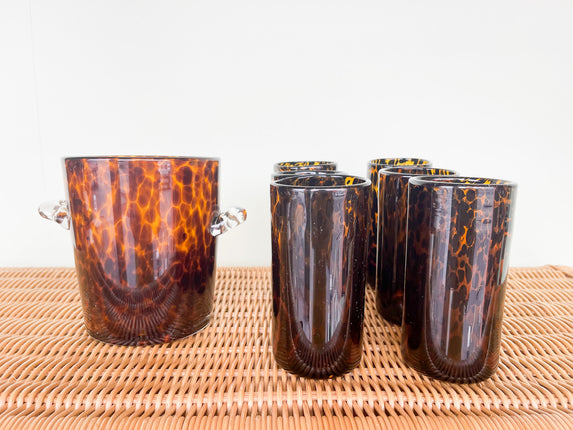 Set of Six Tortoiseshell Glasses and Ice Bucket