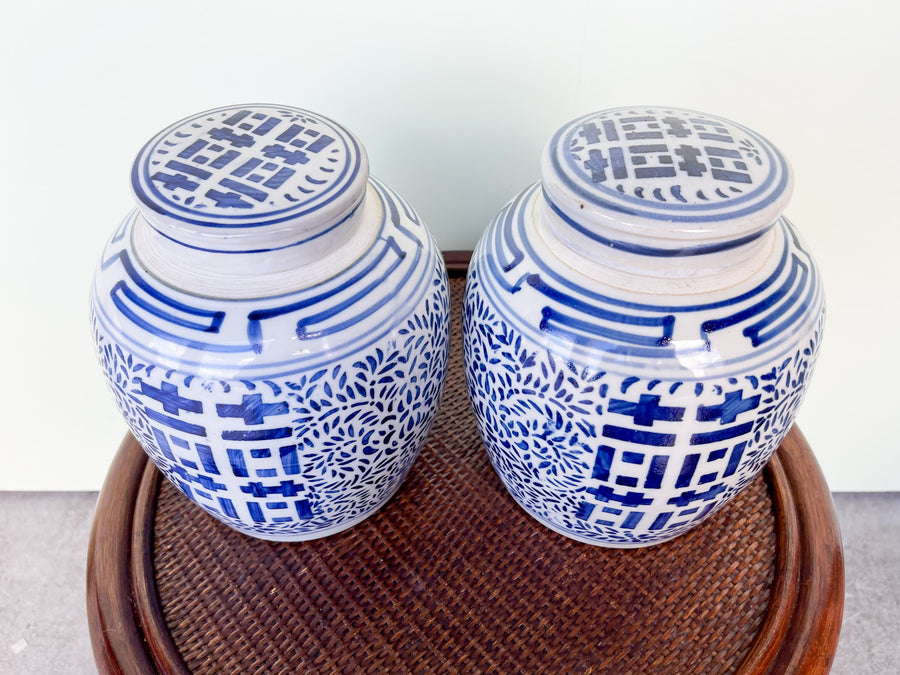 Pair of Blue and White Temple Jars