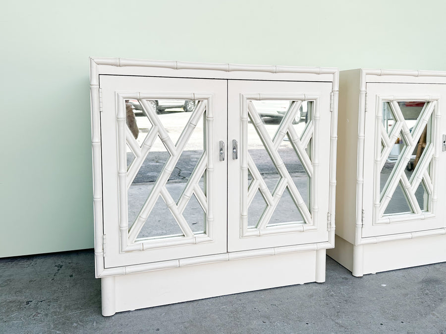 Pair of Faux Bamboo Mirrored Chippendale Nightstands