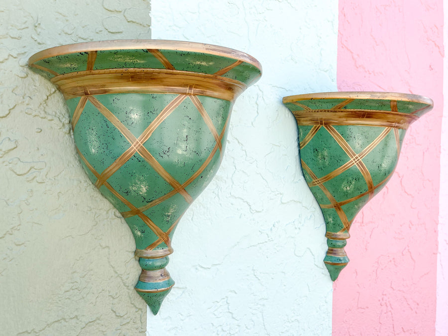 Pair of Celadon Lattice Wall Sconces