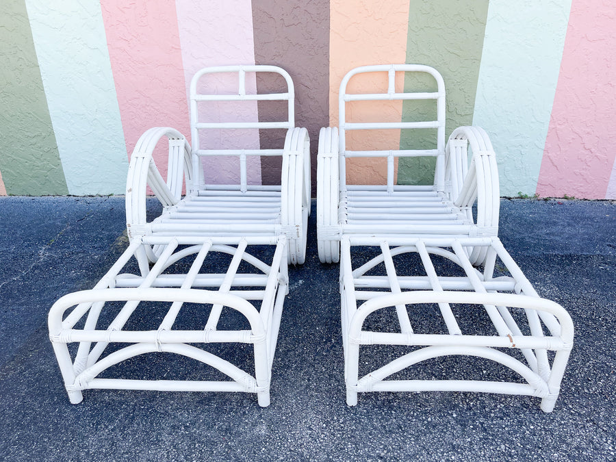 Pair of White Rattan Pretzel Chairs and Ottomans