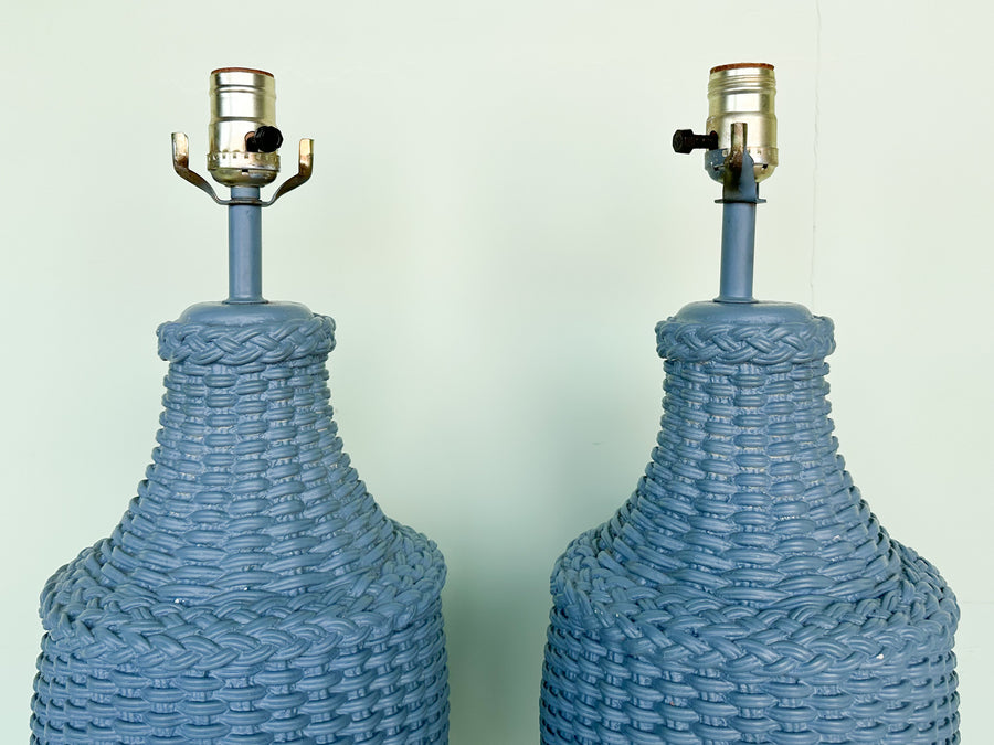 Pair of Cornflower Blue Woven Plaster Lamps