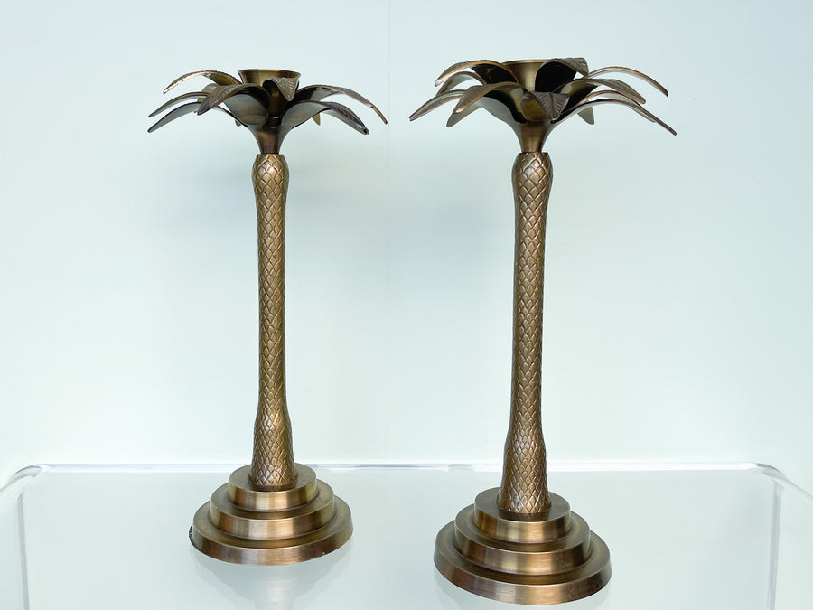 Pair of Large Brass Palm Candlesticks