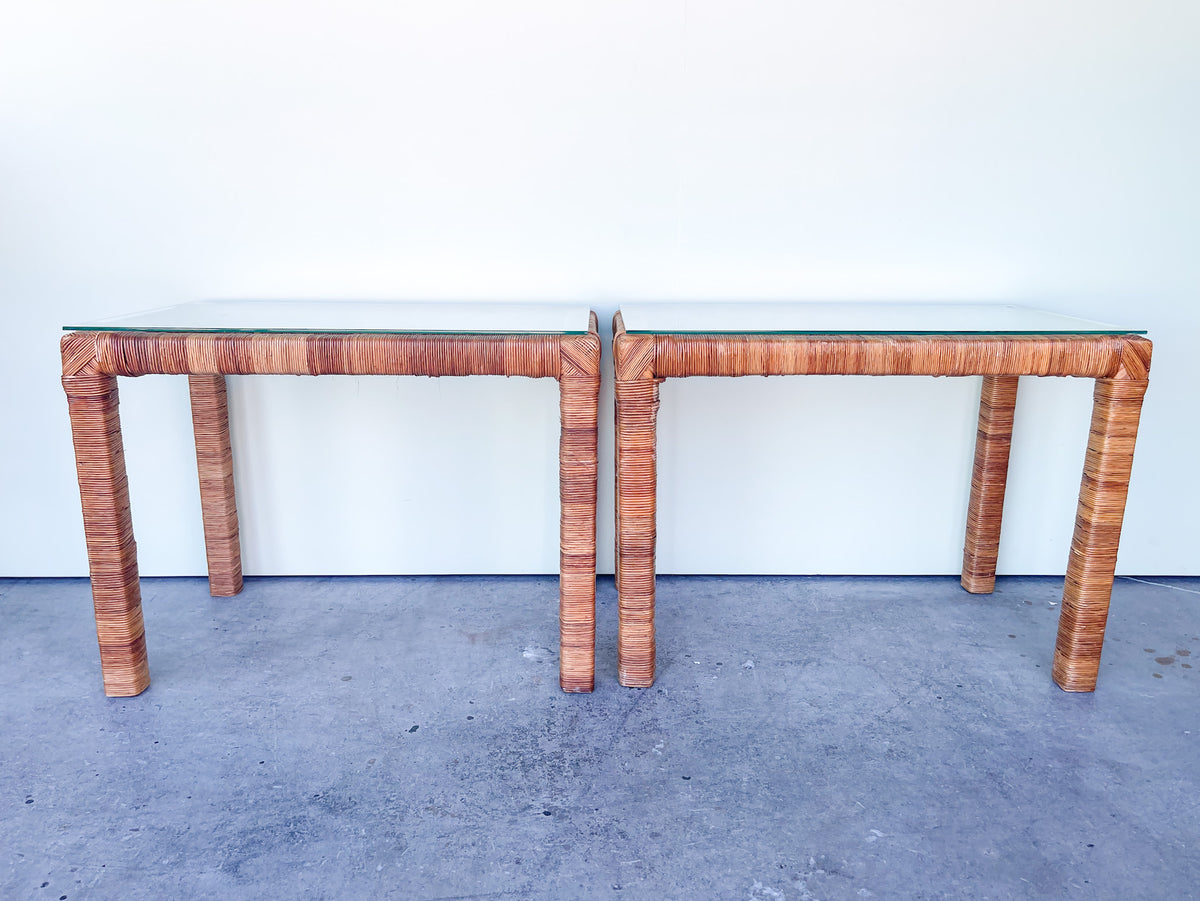 Pair of Island Chic Rattan Wrapped Side Tables