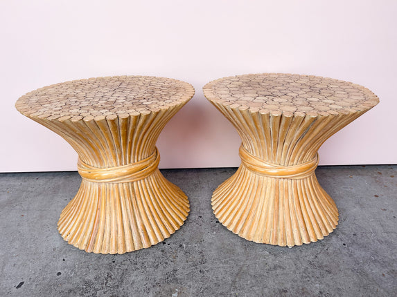 Pair of McGuire Style Rattan Sheaf of Wheat Side Tables