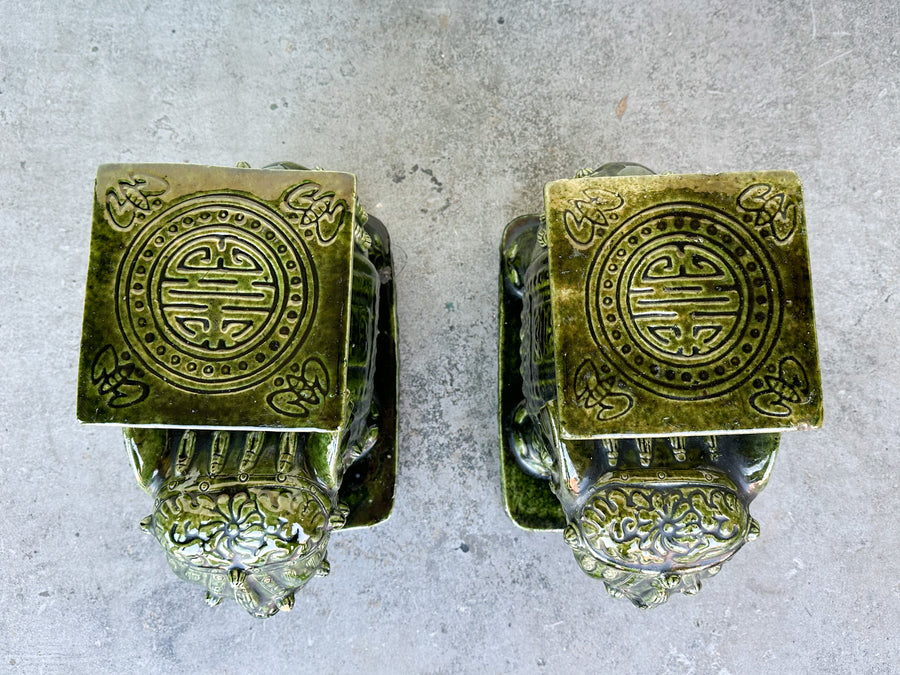 Pair of Terracotta Emerald Green Elephant Garden Seats
