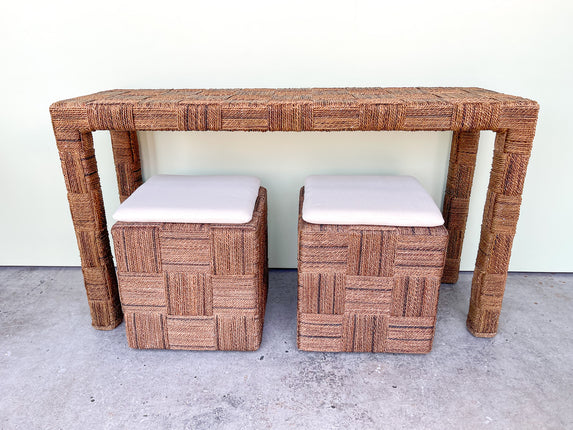 Coastal Woven Rattan Console and Stools