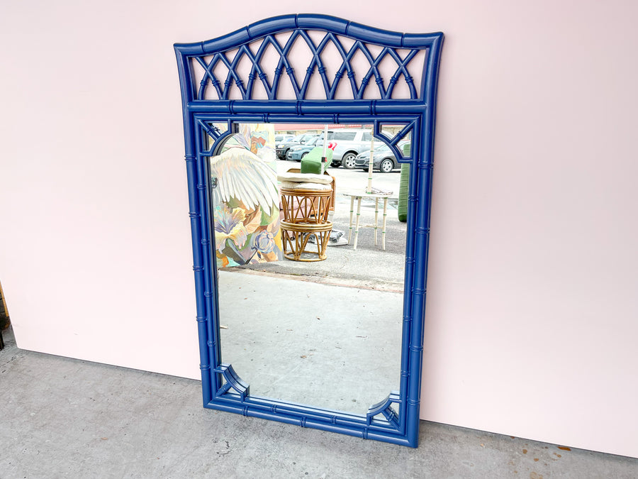 Pair of Navy Thomasville Rattan Mirrors