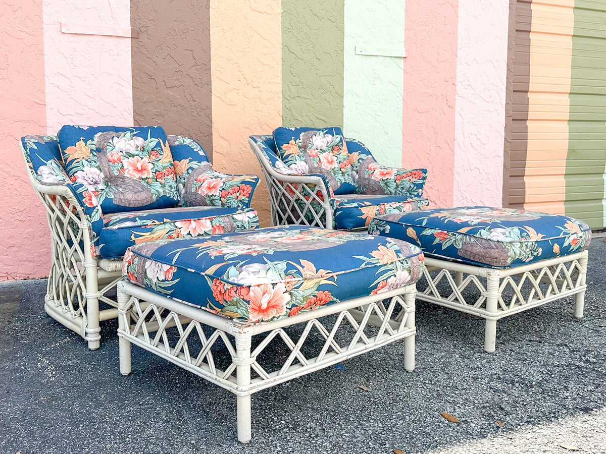 Pair of Ficks Reed Rattan Lounge Chairs and Ottomans