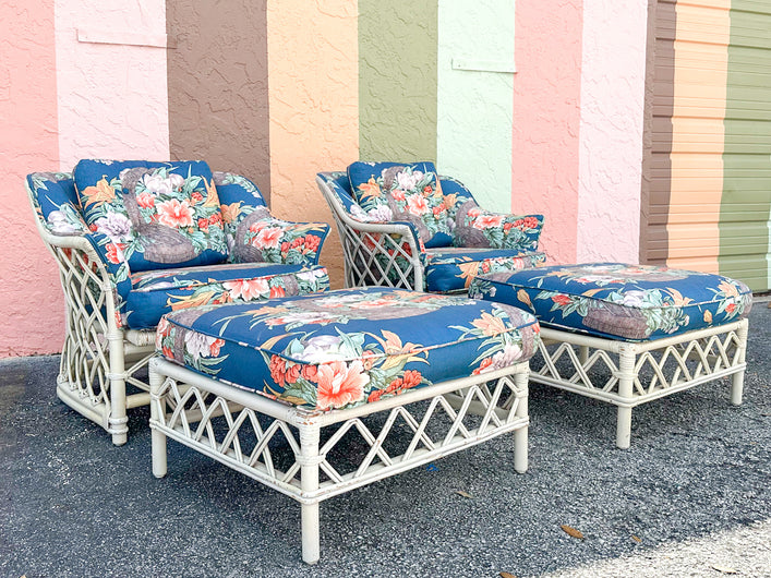 Pair of Ficks Reed Rattan Lounge Chairs and Ottomans