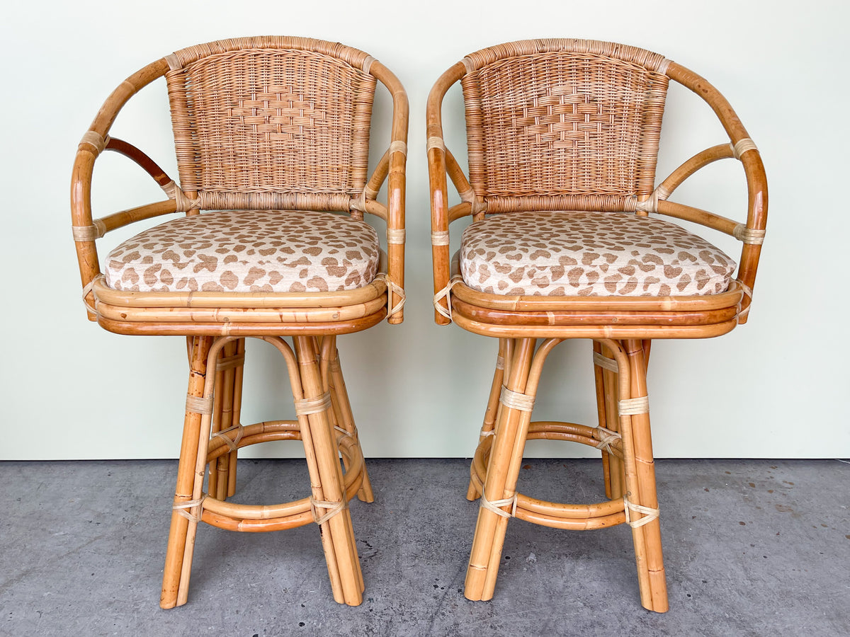 Pair of Cheetah Rattan Bar Stools