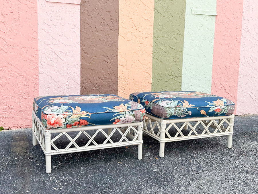 Pair of Ficks Reed Rattan Lounge Chairs and Ottomans