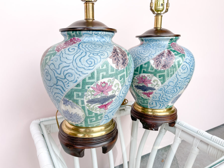 Pair of Pink and Teal Porcelain Lamps