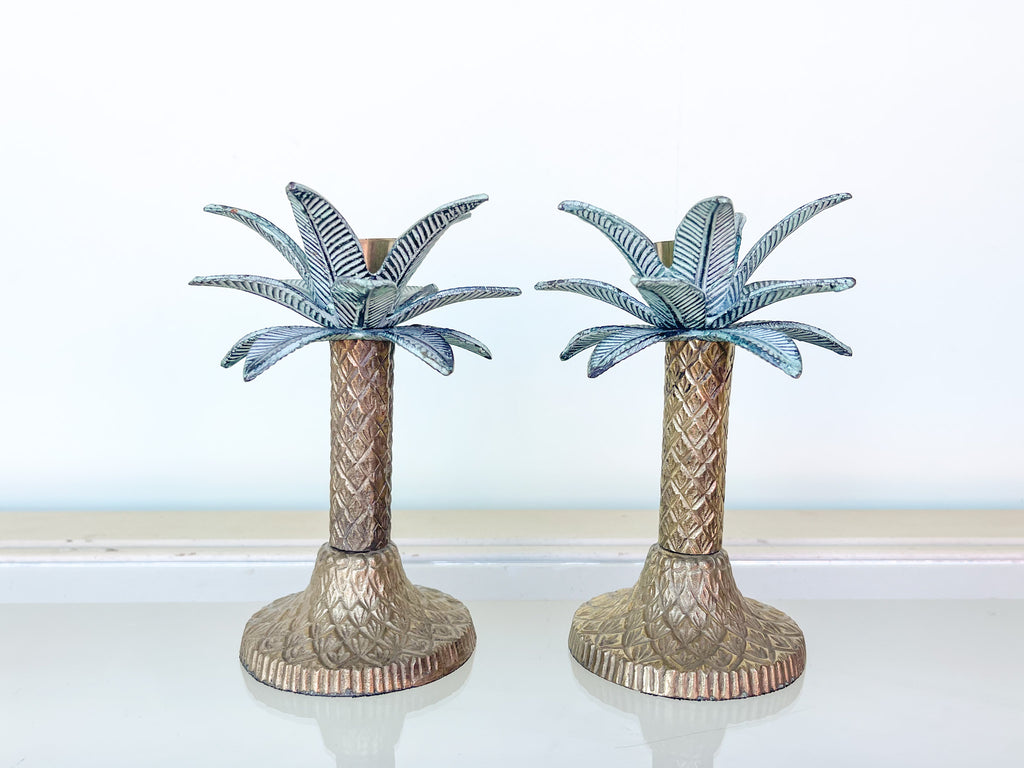 Pair of Petite Brass Palm Tree Candlesticks