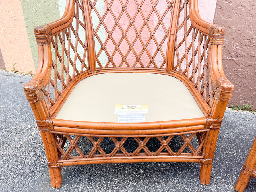Pair of Rattan Wingback Chairs and Ottoman