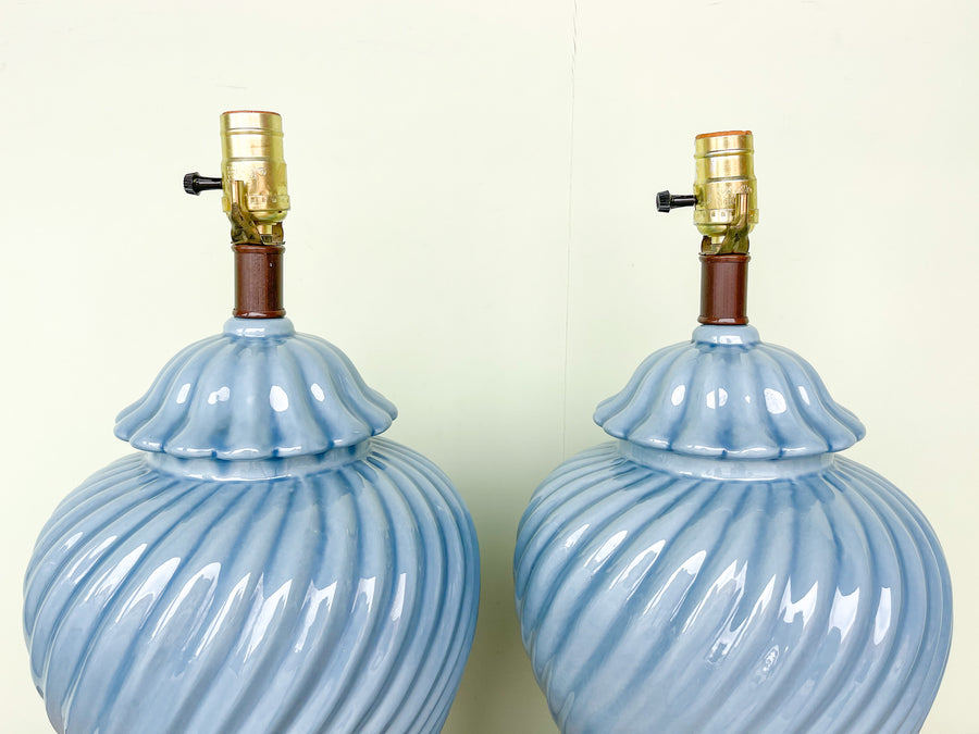 Pair of Sky Blue Twist Ceramic Ginger Jar Lamps
