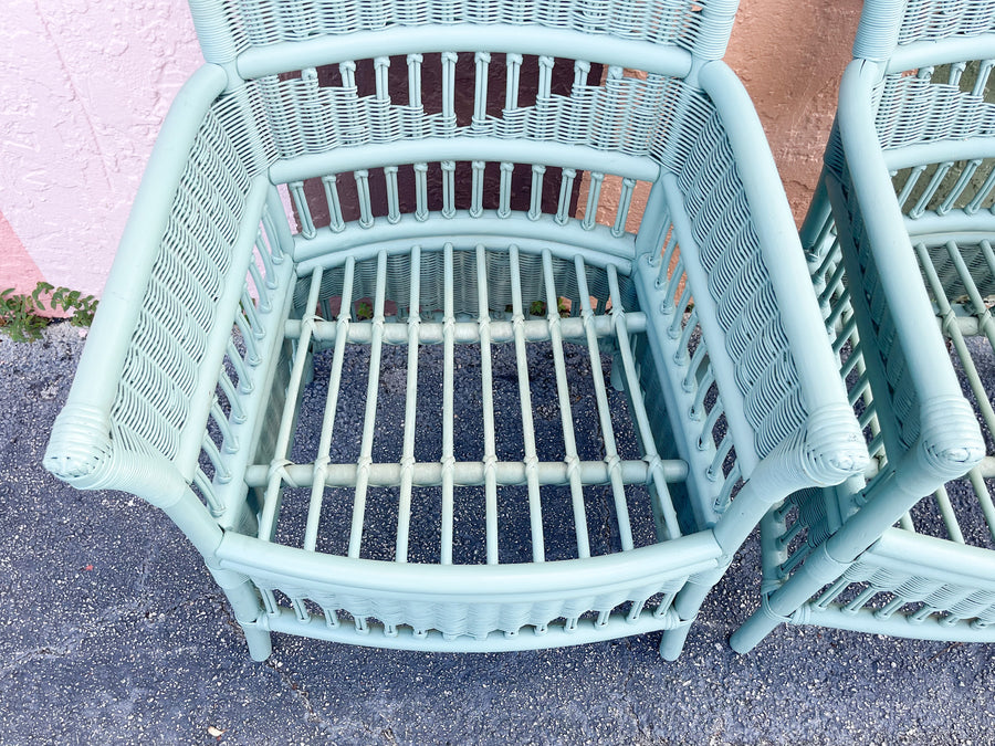 Pair of Seafoam Rattan Arm Chairs