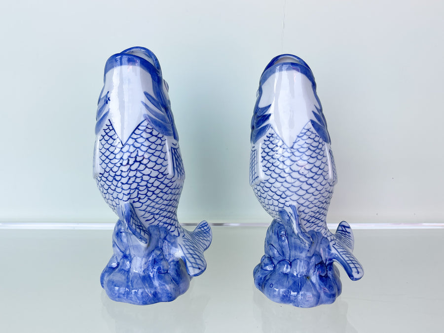 Pair of Blue and White Koi Vases