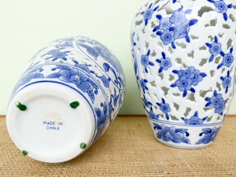 Pair of Blue and White Pierced Vases