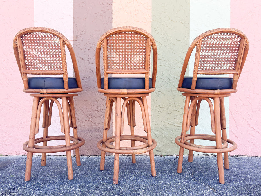 Set of Three Rattan and Cane Bar Stools