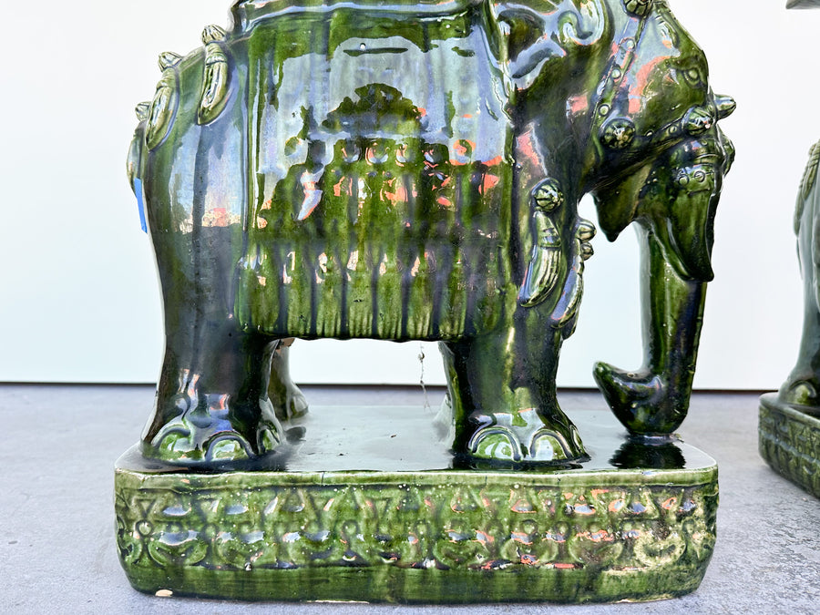 Pair of Terracotta Emerald Green Elephant Garden Seats