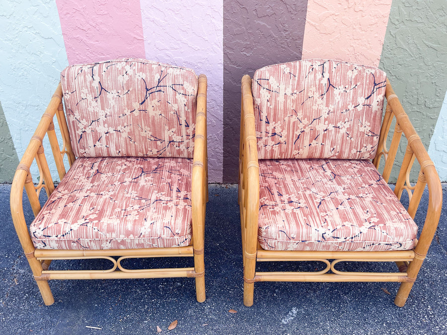 Pair of Old Florida Rattan Lounge Chairs