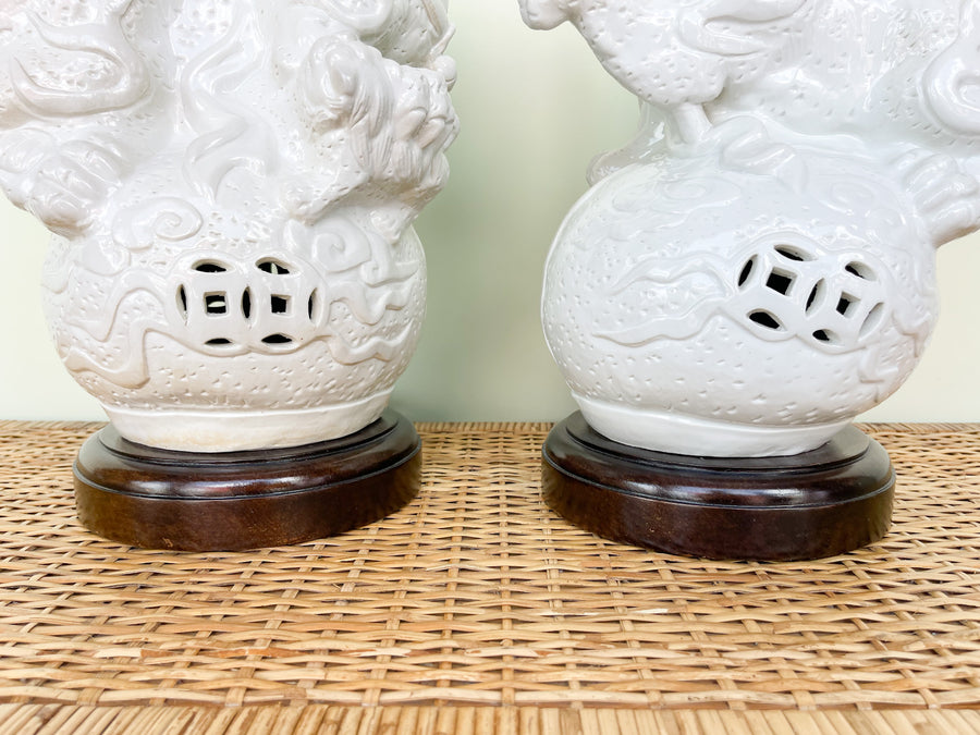 Pair of White Foo Dog Lamps