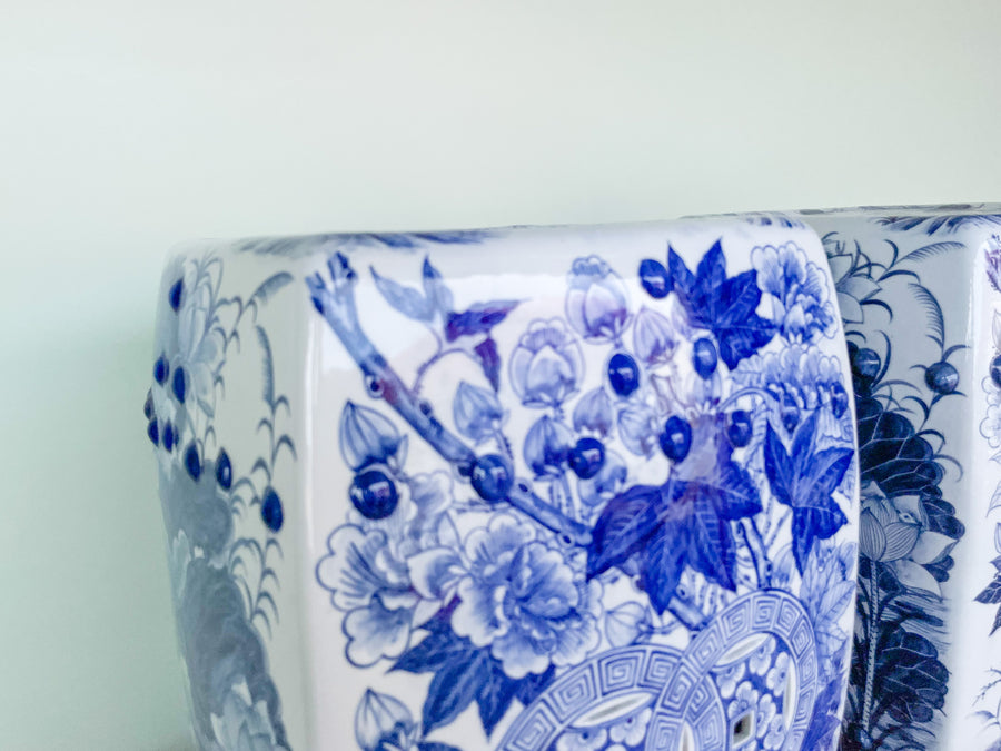 Pair of Oversized Blue and White Garden Seats