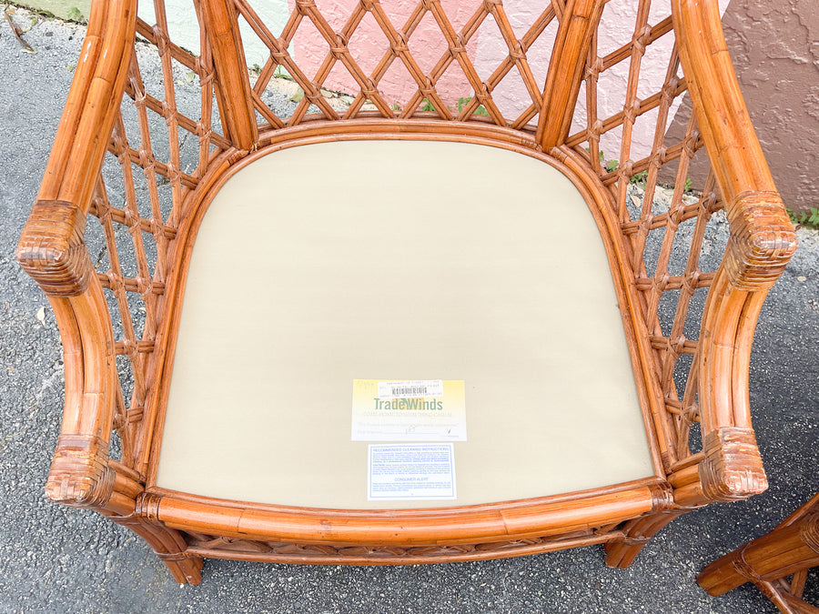 Pair of Rattan Wingback Chairs and Ottoman