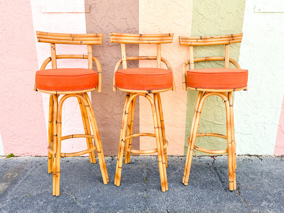 Set of Three Old Florida Rattan Bar Stools