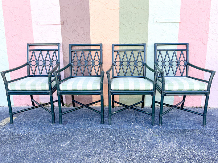 Set of Four Hunter Green Rattan Arm Chairs