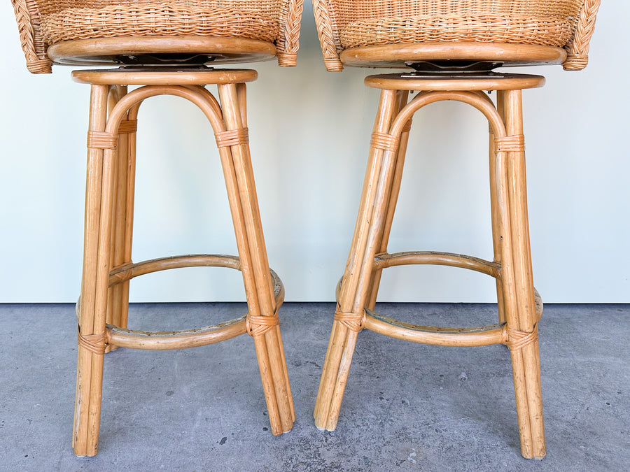 Pair of Braided Rattan and Wicker Bar Stools