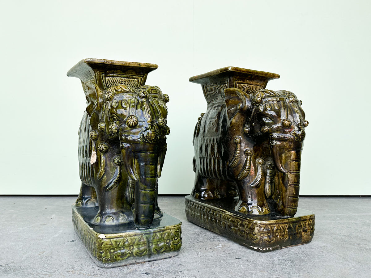 Pair of Terracotta Olive Green Elephant Garden Seats