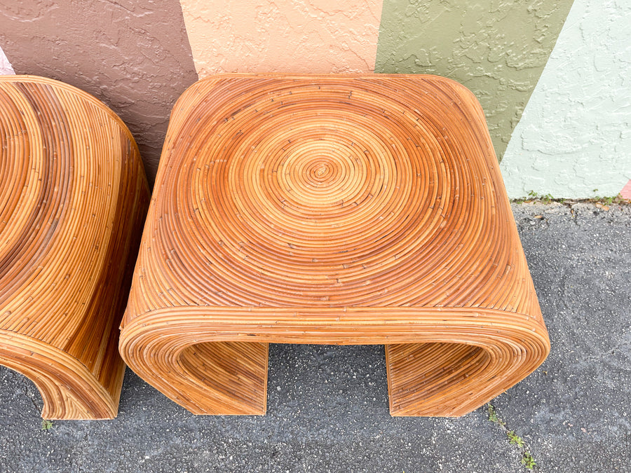 Pair of Gabriella Crespi Style Pencil Reed Rattan Side Tables