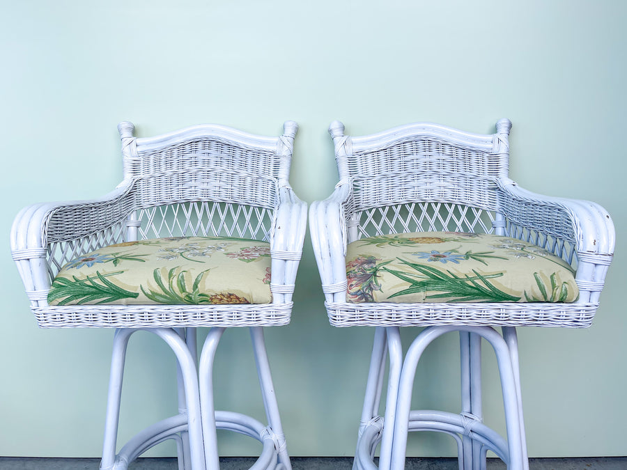 Pair of Wicker and Rattan Bar Stools
