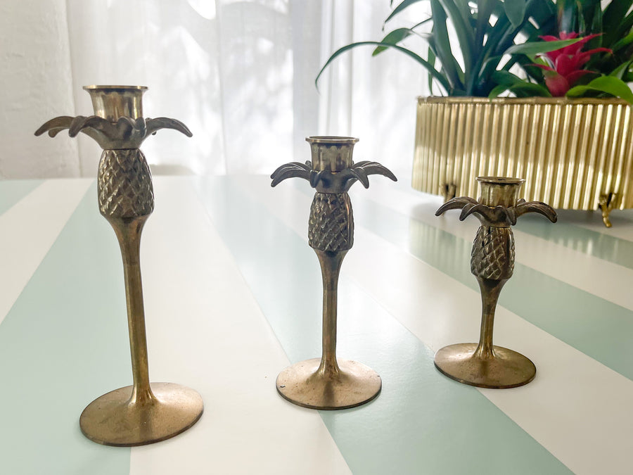 Set of Three Brass Palm Tree Candlesticks