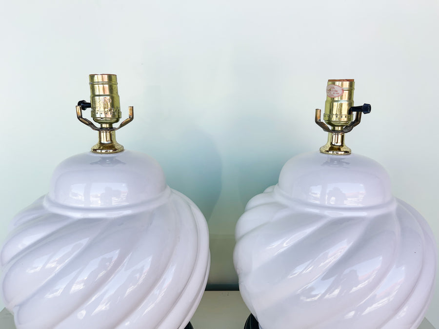 Pair of White Ceramic Swirl Lamps