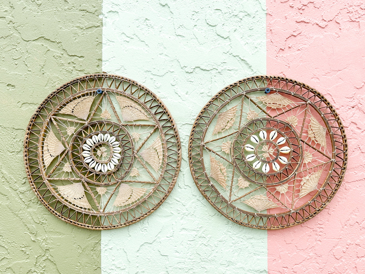 Pair of 70s Chic Rattan and Shell Wall Art