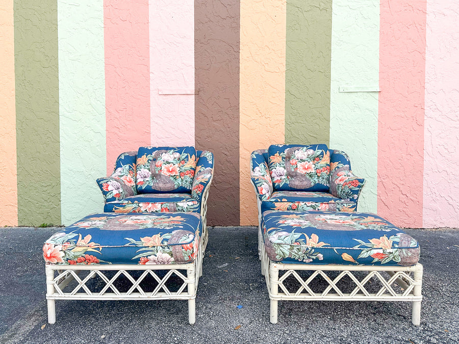 Pair of Ficks Reed Rattan Lounge Chairs and Ottomans