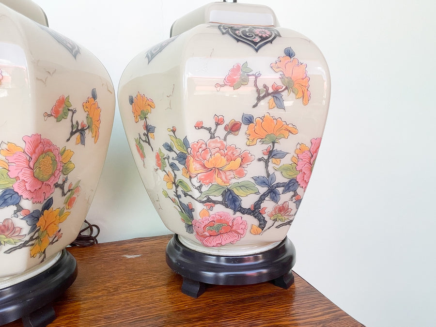 Pair of Colorful Floral Ginger Jar Lamps