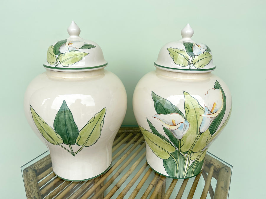 Pair of Hand Painted Italian Lily Ginger Jars