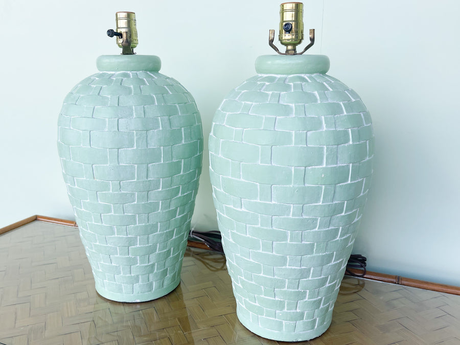 Pair of Plaster Seafoam Basket Weave Lamps