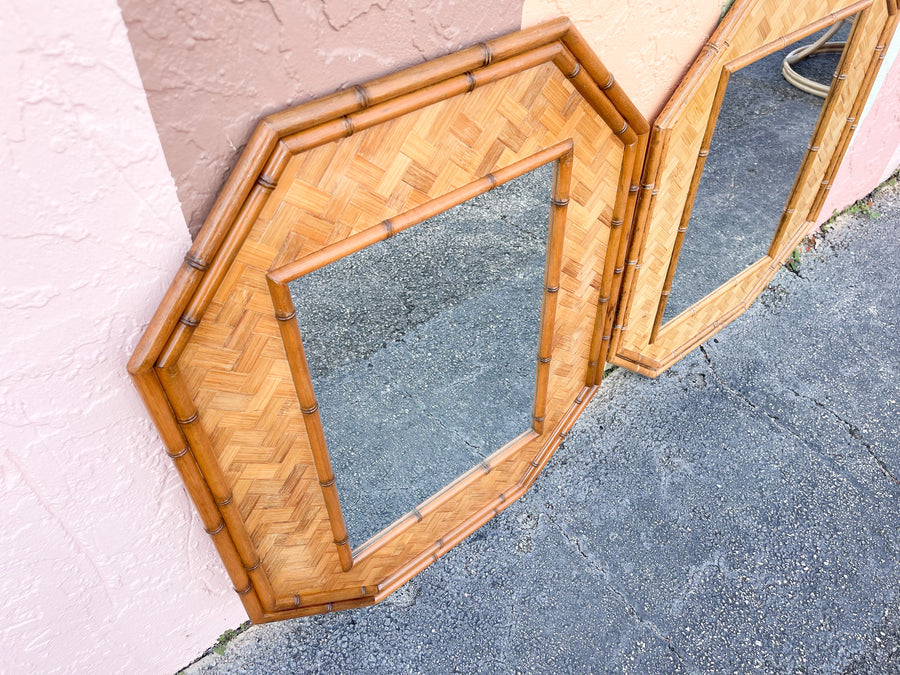 Pair of Faux Bamboo Rattan Octagon Mirrors